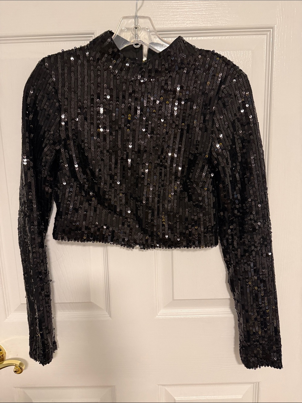 superdown Black Sequin Cropped Long Sleeve Top